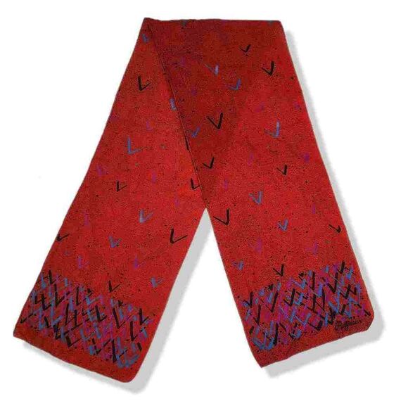Vintage 80s made in Italy Ralfeuax rectangle neck hair scarf red funky v print - Picture 1 of 2